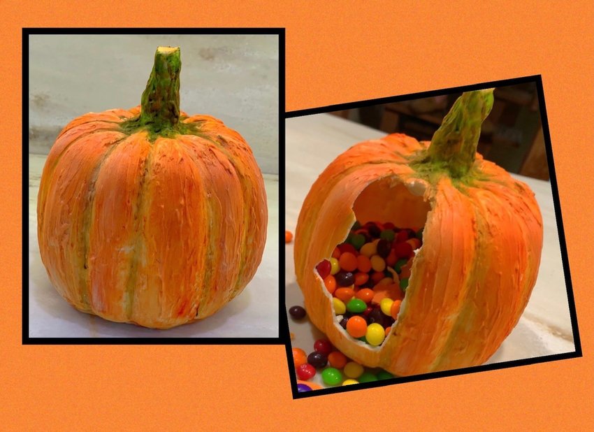 The finished pumpkin and a glimpse of the sweet contents.